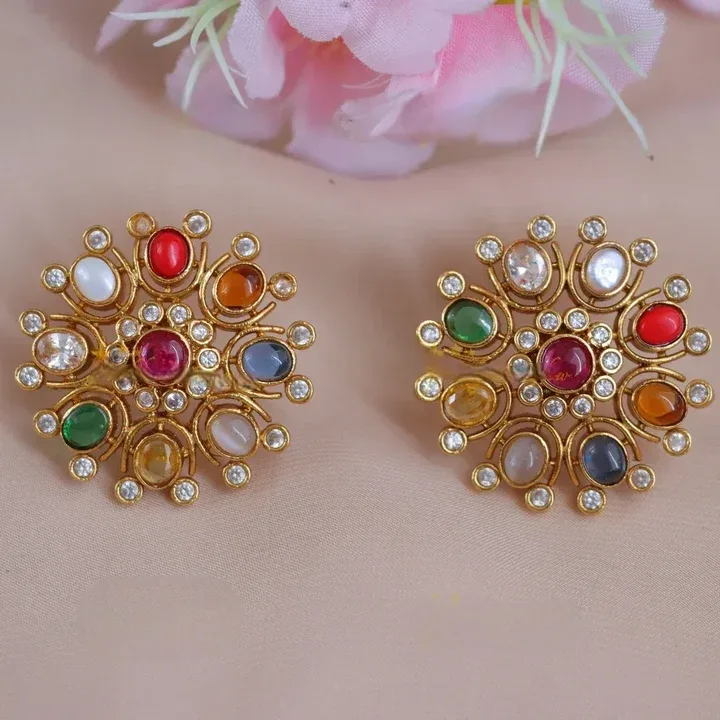 Floral Earrings with Navarathna Stones